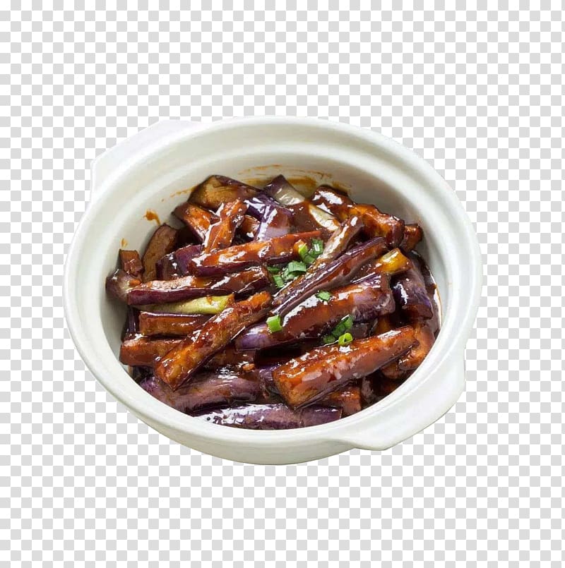 Chinese cuisine Fried Eggplant with Chinese chili sauce Dish, Fish-flavored eggplant pot transparent background PNG clipart