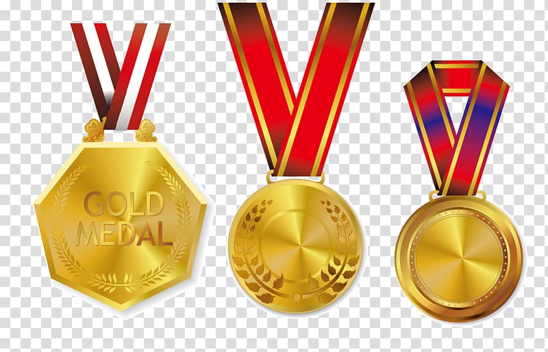 three gold-colored medals , Gold medal Olympic medal Trophy, Medal elements transparent background PNG clipart