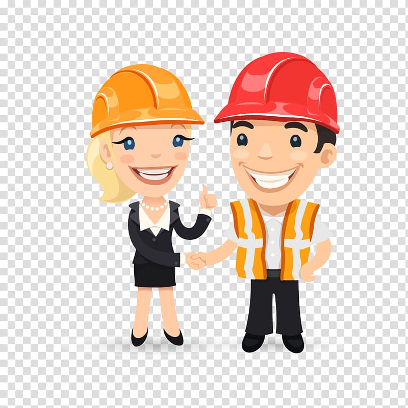Cartoon Engineering Illustration, Men and women shaking hands with helmets transparent background PNG clipart