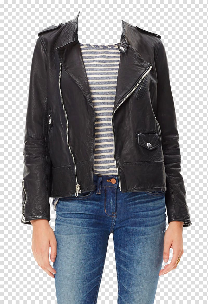 black full-zip leather jacket and blue jeans, Dress Leather jacket, Girl Jacket transparent background PNG clipart