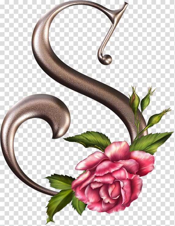 gold letter S with pink flower , Floral design Alphabet Letter Flower Rose, flower transparent background PNG clipart