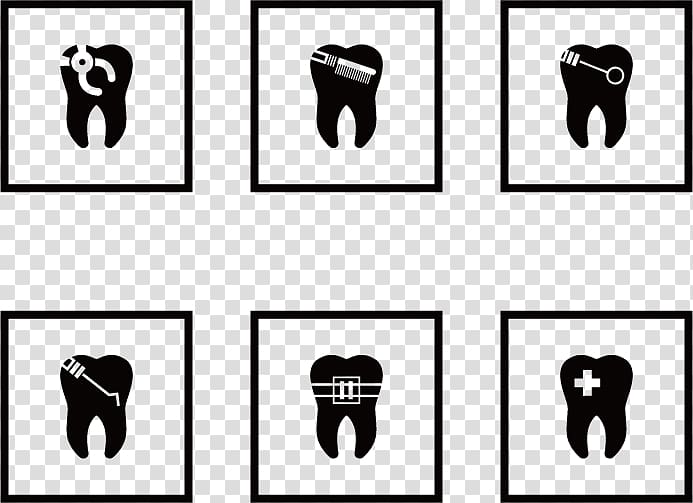 six black teeth illustration collage, Dentistry Tooth Icon, painted 6 treating tooth icon transparent background PNG clipart