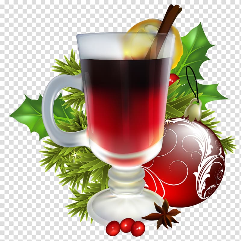 clear glass filled with red liquid illustration, Christmas decoration Santa Claus Christmas ornament, Christmas Tea with Christmas Decorations transparent background PNG clipart