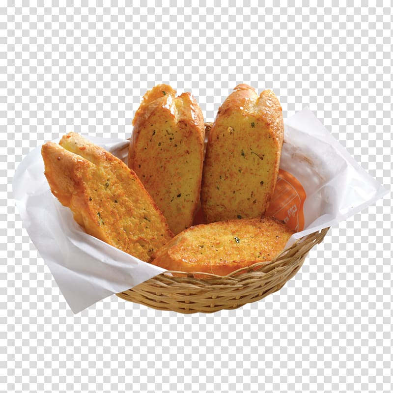 baked bread in basket with tissue paper, Garlic bread Kebab Tikka Croquette Pizza, rusk transparent background PNG clipart
