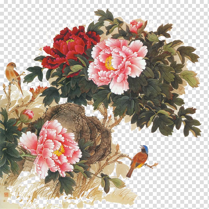 two bears perching on red and pink flowers illustration, Chinese painting Flower Japanese art Japanese painting, peony transparent background PNG clipart