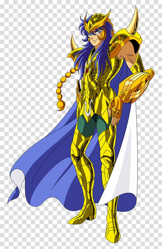 man wearing gold armour with purple hair illustration, Pegasus Seiya Athena Aquarius Camus Sagittarius Aiolos Scorpio Milo, milo transparent background PNG clipart