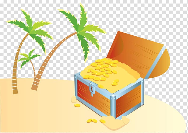 Treasure Island Buried treasure Illustration, Coconut tree next to the coin box transparent background PNG clipart