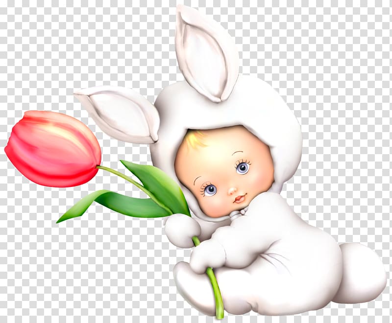 Easter Happiness Love Illustration, Easter Bunny Kid with Tulip transparent background PNG clipart