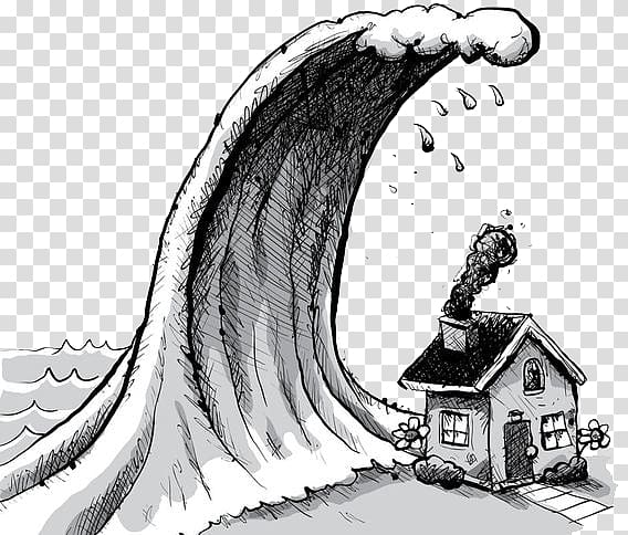 waves and house , Tsunami Cartoon Wave Illustration, Hand painted illustrations of flood and tsunami transparent background PNG clipart