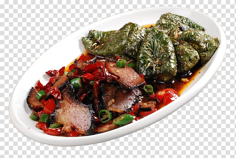 Bacon Red braised pork belly Hunan cuisine Capsicum annuum Stir frying, Tiger pepper bacon fight transparent background PNG clipart