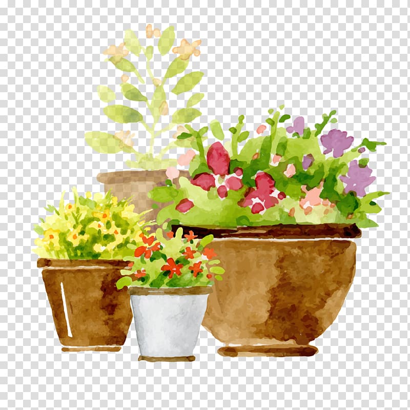 flowers in brown pot painting, Euclidean Flowerpot Adobe Illustrator, Hand painted potted plants transparent background PNG clipart