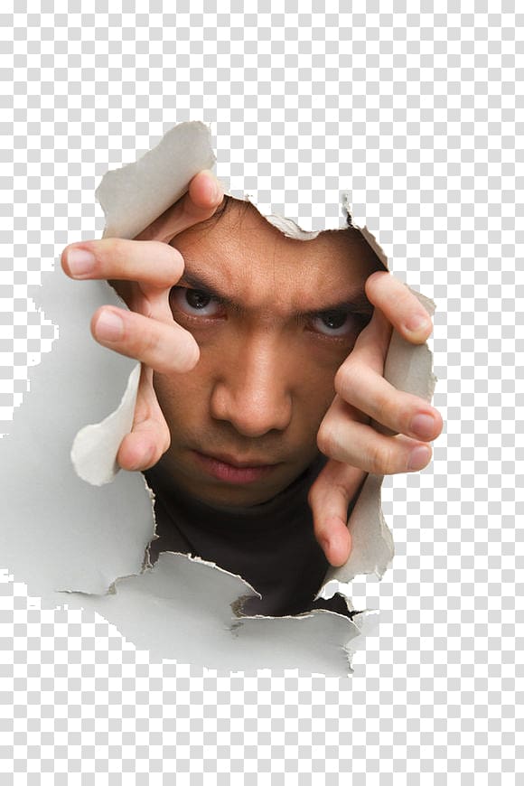 man peeking on hole, , Suspense man broke out of the wall transparent background PNG clipart