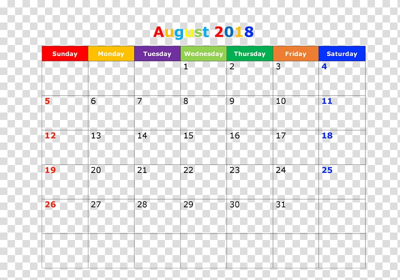 Calendar 0 PDF Template Microsoft Excel, august 2018 calendar transparent background PNG clipart
