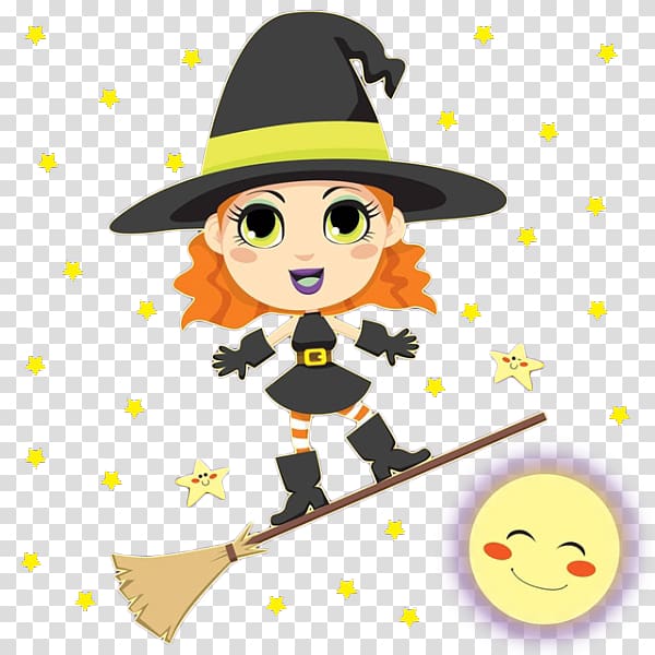 Magic Broom Illustration, The little witch standing on the magic broom transparent background PNG clipart