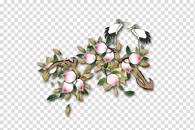 pink and white flower and heron birds , Xiantao Longevity peach Saturn Peach Crane, peach transparent background PNG clipart