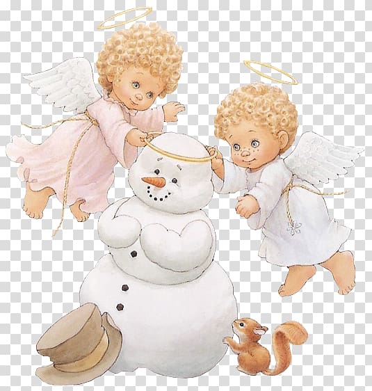 cherubs and snowman illustration, A Christmas Countdown with Ruth J. Morehead\'s Holly Babes Angel , Cute Little Angels with Snowman transparent background PNG clipart