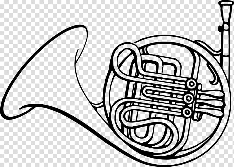 French Horns Coloring book Drawing Musical Instruments, frenchhornblackandwhite transparent background PNG clipart