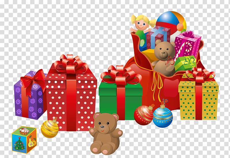 Santa Claus Christmas gift Christmas gift , Christmas Presents , plush toys and gift box illustration transparent background PNG clipart