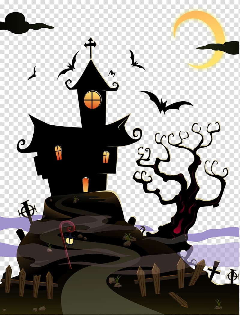 black and yellow Halloween house illustration, Halloween Ghost House, Halloween ghost house transparent background PNG clipart