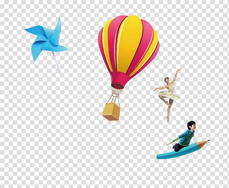 Ballet Cartoon, Cartoon hot air balloon rides windmill pencil and child ballet girl transparent background PNG clipart