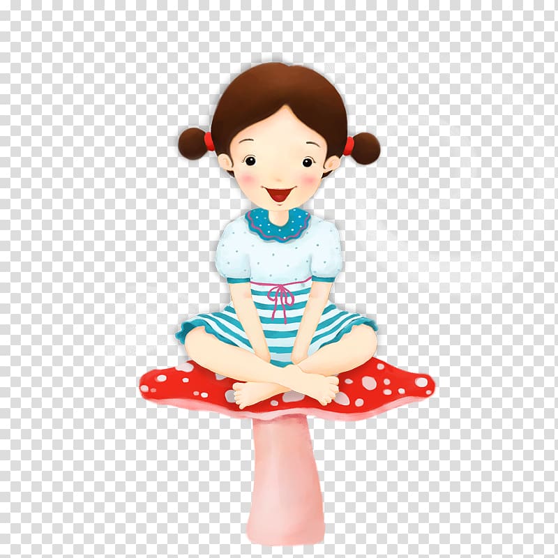 Cartoon Desktop Drawing, The little girl sitting on a mushroom transparent background PNG clipart