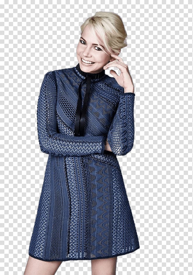 smiling woman wearing blue and gray long-sleeved minidress, Michelle Williams Full transparent background PNG clipart