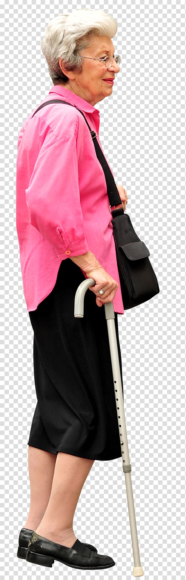 woman in pink dress shirt and black midi skirts holding white adult cane, Architectural rendering Walking Architecture, old people transparent background PNG clipart