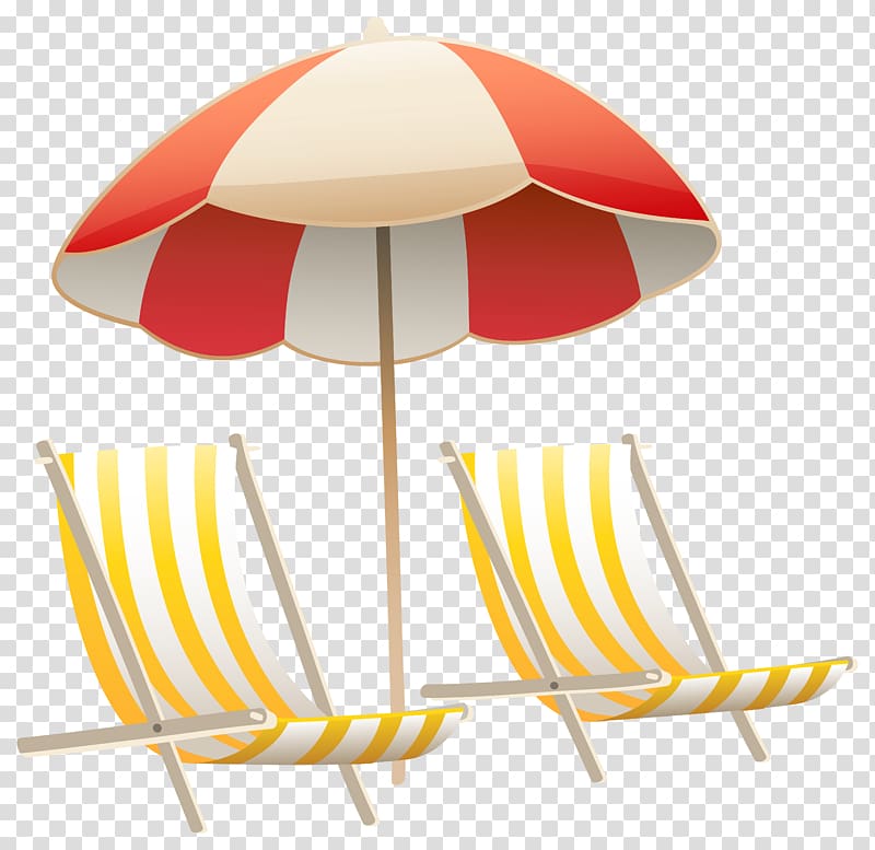 red and white striped parasol and two white-and-yellow striped folding chairs illustration, Chair Umbrella Beach , Beach Umbrella and Chairs transparent background PNG clipart