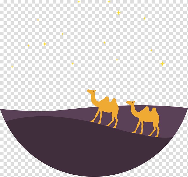 two camels walking along desert under starry sky art, Camel Eid al-Adha, Yellow camel transparent background PNG clipart
