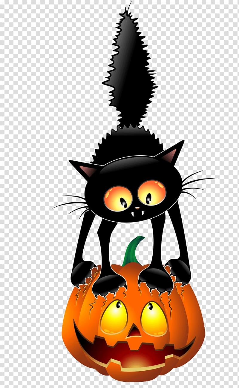 black cat on Jack-o'-lantern illustration, Black cat Halloween Cartoon , Black Cat Pumpkin transparent background PNG clipart