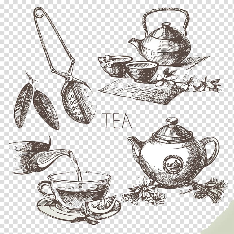 ceramic teapots , Green tea Drawing Sketch, Hand-painted tea cup transparent background PNG clipart