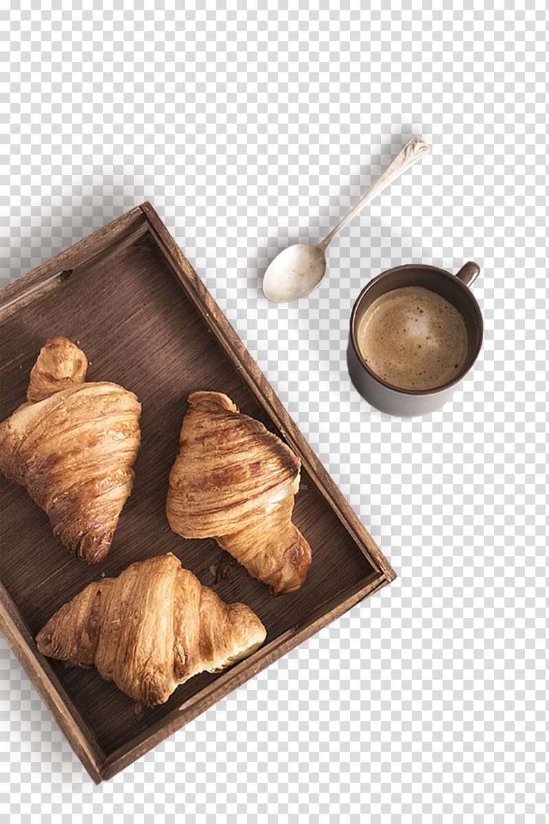 brown wooden tray and stainless steel spoon, Breakfast Coffee Croissant Cafe Danish pastry, Western nutritious breakfast transparent background PNG clipart