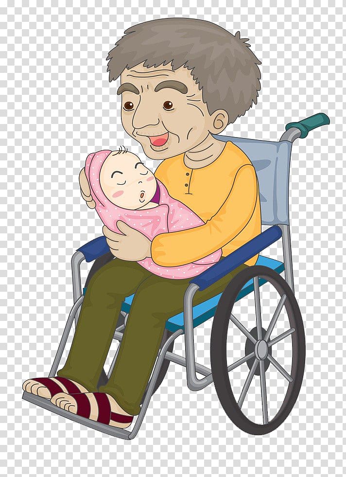 Cartoon Illustration, The old man sitting in a wheelchair transparent background PNG clipart