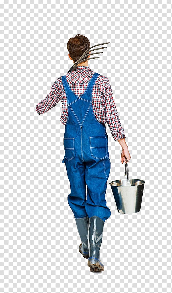 man in blue overalls holding silver bucket, Farmer Bucket Pitchfork, Bucket man transparent background PNG clipart