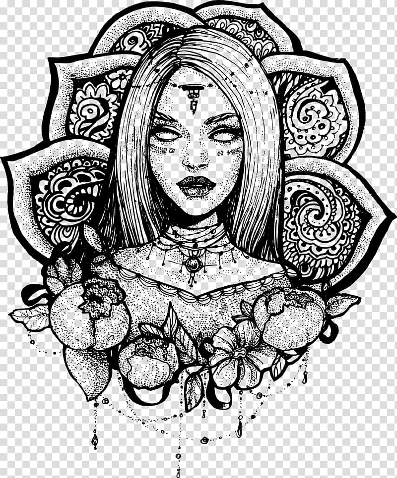woman and mandala sketch, Drawing Art Sketch, tatto transparent background PNG clipart