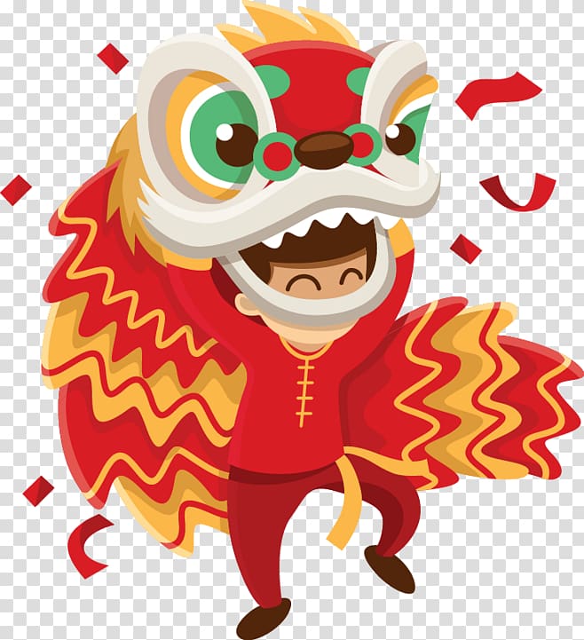 Lion dance Performance Chinese New Year, Boy lion dance elements transparent background PNG clipart