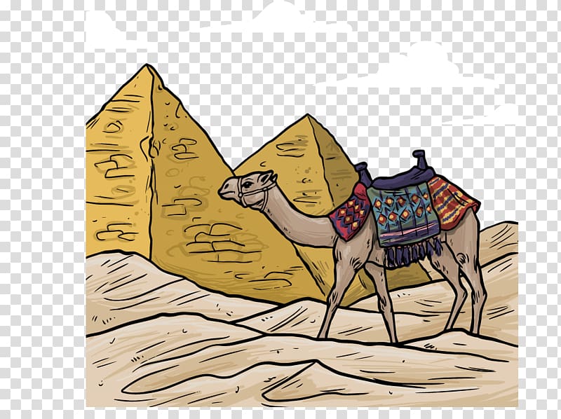 Egyptian pyramids Ancient Egypt Camel Illustration, Egyptian pyramids and camel colored material transparent background PNG clipart