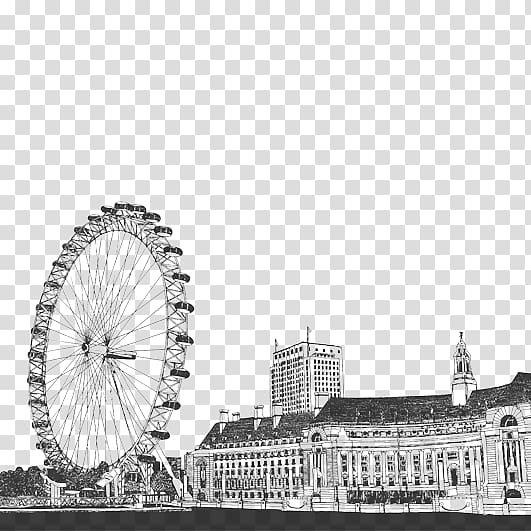 London Eye Westminster Bridge Big Ben Drawing, Black and white London eyes transparent background PNG clipart