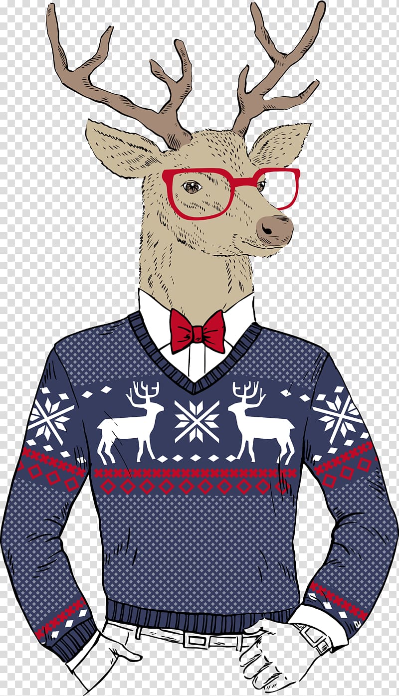 deer illustration, Reindeer Hipster Christmas Santa Claus, Deer transparent background PNG clipart