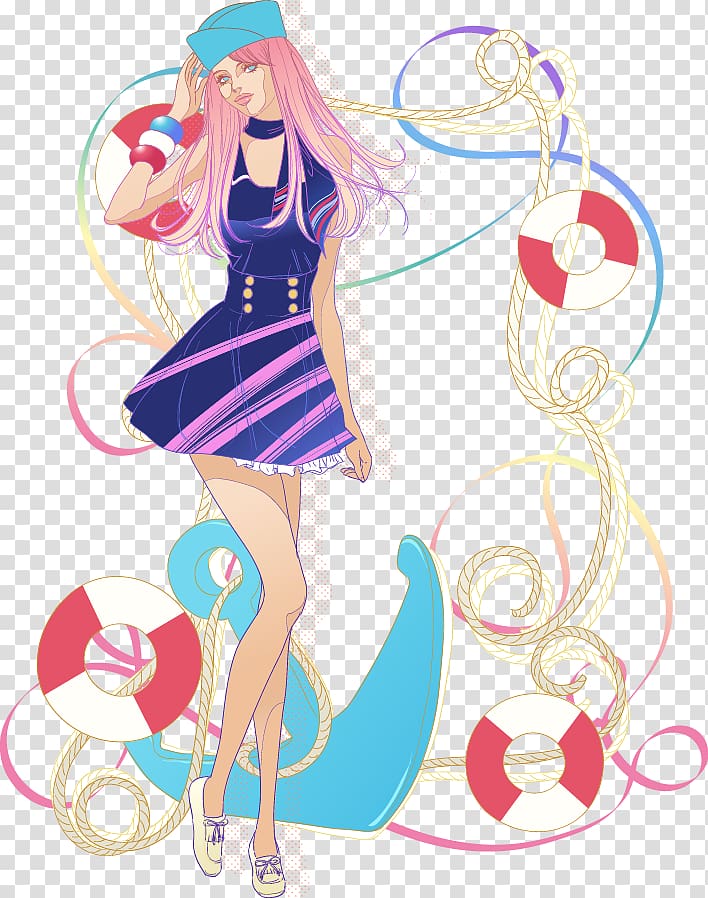 Fashion Cartoon Drawing, illustration pink hair girl in blue dress transparent background PNG clipart