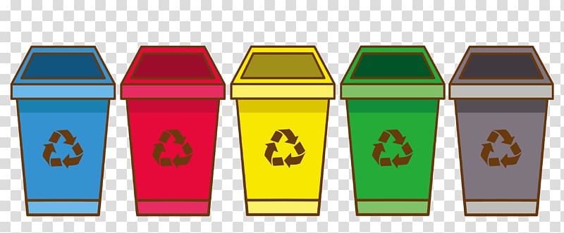 five assorted-color bin illustration, Recycling bin Waste container Cartoon, trash can transparent background PNG clipart