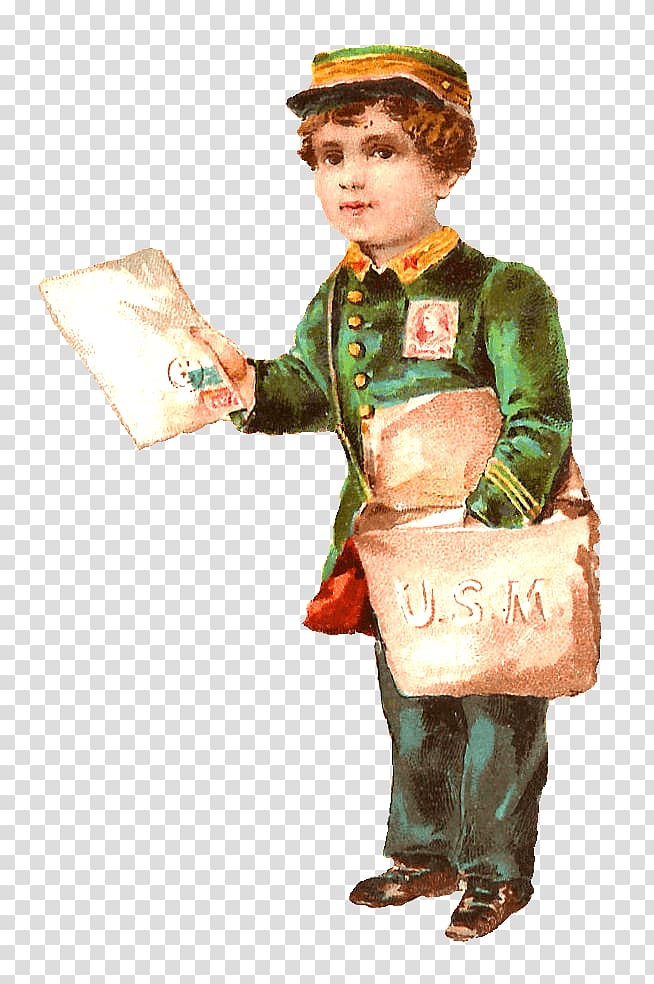 boy holding paper and wearing brown bag illustration, Antique Postman transparent background PNG clipart