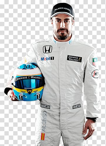man holding blue and yellow full-face helmet while wearing white overall, Fernando Alonso With Helmet transparent background PNG clipart
