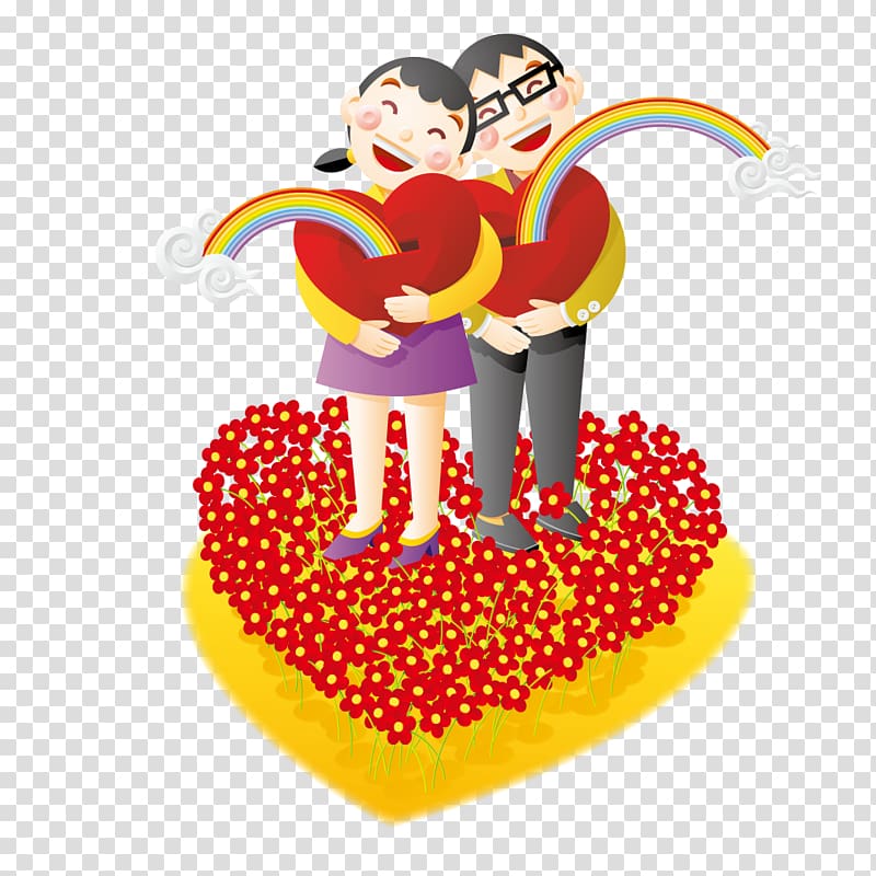 Drawing Cartoon Illustration, Hold flowers on loving couple standing love transparent background PNG clipart