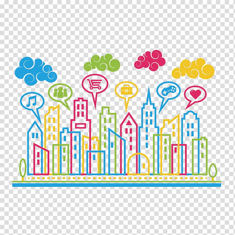 Social media Icon, painted houses and clouds transparent background PNG clipart