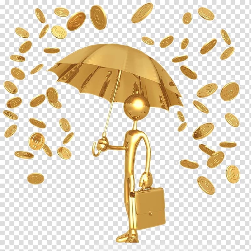 gold human figure holding umbrella and bag with raining gold coins art, Gold coin Rain Bullion coin, Heaven and earth gold coins rain transparent background PNG clipart
