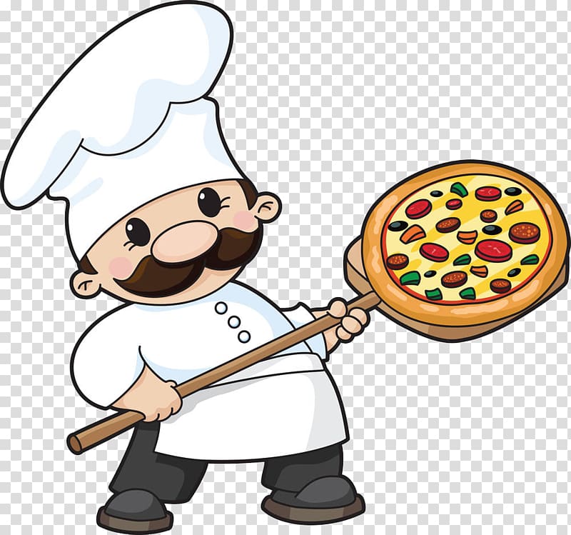 chef carrying tray of pizza illustration, Pizza Italian cuisine Chef , Cook pizza transparent background PNG clipart