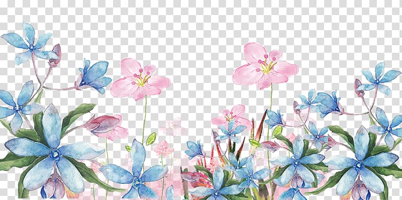 blue and pink petaled flowers painting, Floral design Cut flowers Blossom Pattern, Hand painted small fresh flower plants transparent background PNG clipart