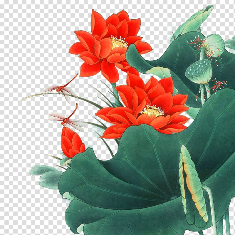 red petaled flowers illustration, u5de5u7b14u9ca4u9c7c Feng shui Living room Bird-and-flower painting Gongbi, 2017 beautiful lotus leaf lotus green plant material transparent background PNG clipart