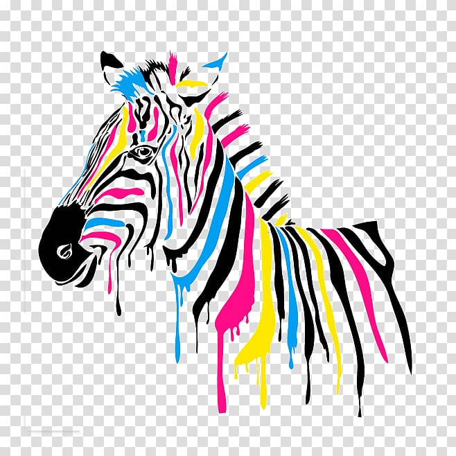 multicolored zebra art, Printing Zebra Wall decal Painting Decorative arts, Painted Animal Horse transparent background PNG clipart